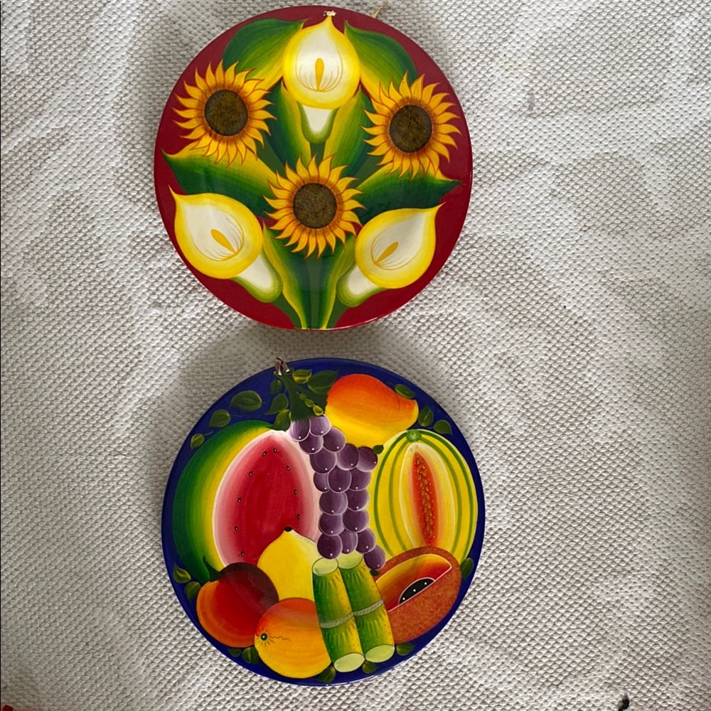 Colourful Wood Lacquer Hand-Painted Decorative Plates Fruits & Sunflowers